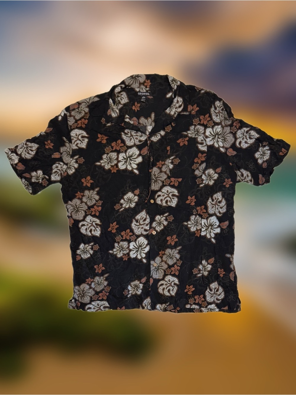 George Men’s Size Large Black Hawaiian Shirt With White And Brown Floral Print